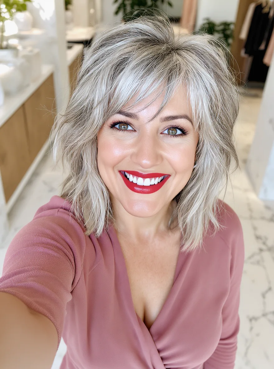 Voluminous Ash Blonde Shag with Silver Highlights and Wispy Bangs